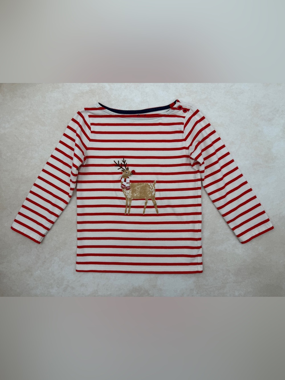 Mini Boden Red & White Striped Reindeer Long-Sleeve Tee